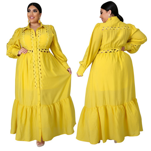 Foma Clothing YF1260 plus size XL-5XL Autumn 2020 women's solid color big skirt with high waist closing suit collar fall dress YF106071