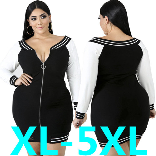 Plus-size dresses with long sleeves and intercolor zipper dresses in medium length YF108293