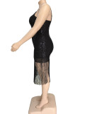 New Trendy Plus Size Luster Party Tassel Stitching Sling Black Sequin Dresses 5XL YF1069710