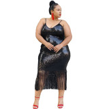 New Trendy Plus Size Luster Party Tassel Stitching Sling Black Sequin Dresses 5XL YF1069710