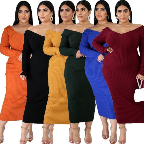 Amazon hot sale winter woolly v-neck plus size sweater clothing  solid oversize sweater dress YF132536