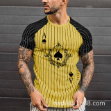 2021 European and American Spring and Summer s New Poker A Striped Printed Shoulder Sleeve Color Matching Men's T-shirt