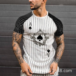 2021 European and American Spring and Summer s New Poker A Striped Printed Shoulder Sleeve Color Matching Men's T-shirt
