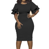 Hot sale plus size fashion dinner one step women office popular ruffle sleeve dress YF110415