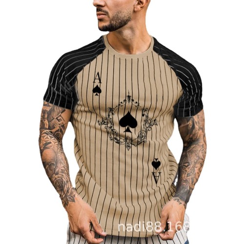 2021 European and American Spring and Summer s New Poker A Striped Printed Shoulder Sleeve Color Matching Men's T-shirt