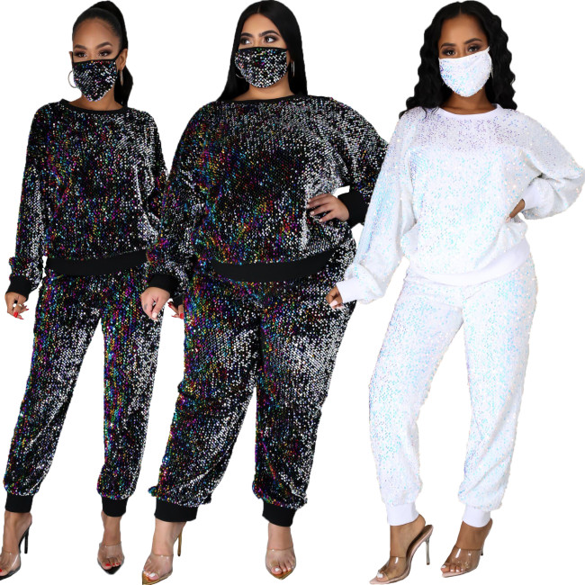 2020 Fall Women Sweatsuit Jogger Set Sequin Glitter Two Piece Pants Set Long Sleeve Two Piece Sets 876172