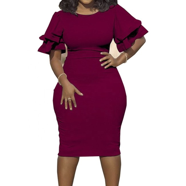 Hot sale plus size fashion dinner one step women office popular ruffle sleeve dress YF110415