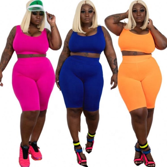 Summer 5XL plus size women's  solid  3 colours  sleeveless tank top shorts suit sexy slim two piece sets YF103142