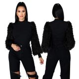 Black Loungewear Long Fur Sleeve High Neck Fit Winter Blouses For Women 877283
