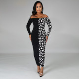 New Fashion Lady Dress One-shoulder Cow Print Pattern Plus Size Long Sleeve Dress 861021