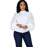 Black Loungewear Long Fur Sleeve High Neck Fit Winter Blouses For Women 877283