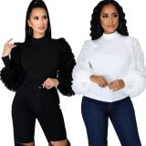 Black Loungewear Long Fur Sleeve High Neck Fit Winter Blouses For Women 877283