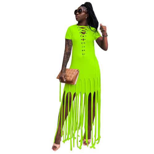 Graceful Printed Lace-Up Short Sleeve Fashion Dress Dresses SZ805768