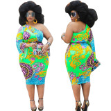 hot selling plus size overall XL-5XL casual fashion Autumn sexy slant shoulder printed one-step skirt dress YF1219210
