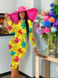 Milk Silk Round Neck Long Sleeve Dress Floral Printed Autumn Dresses Women Lady Elegant 861627