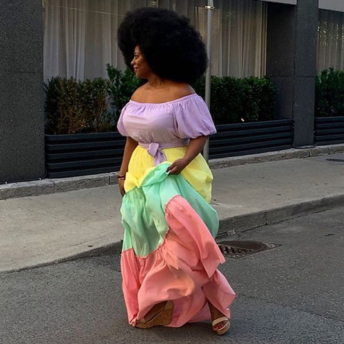 Plus Size Women Clothing Multicolor Splice Off Shoulder Women Dress Women Casual 117586
