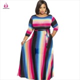 2021 Autumn Long Sleeve Round Neck Tie Dye Striped Print Pocket Belt Women Large Size Dress YF106677