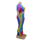 A hot seller of plus-size women's short-sleeved bell-bottoms with a round collar and a rainbow YF126576