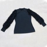 Black Loungewear Long Fur Sleeve High Neck Fit Winter Blouses For Women 877283