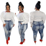 plus size xl-5xl autumn winter casual fashion Women's black and white short slim top with pit bar Lantern Sleeve YF126273