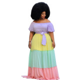 Plus Size Women Clothing Multicolor Splice Off Shoulder Women Dress Women Casual 117586