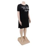 IF65151 5XL Summer Casual Black and White O Neck Loose Letter Print Solid T Shirt Plus Size for Women 120112