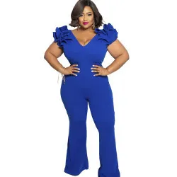 Fashion Solid Color Deep V-Neck Petal Short-Sleeved Tight Women Wide-Leg Large Size Jumpsuit YF106475