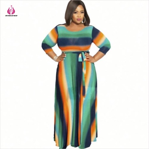 2021 Autumn Long Sleeve Round Neck Tie Dye Striped Print Pocket Belt Women Large Size Dress YF106677