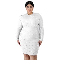 New Design Fall Round Neck Long Sleeve Pearl Women Sexy Club Plus Size Dresses YF100819