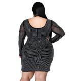 plus size xl-5xl autumn winter sexy casual women's Hot selling black polyester mesh hot drill buttock waist dress YF128899