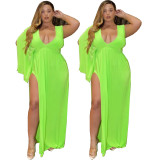 Bulk Sexy Deep V Neck High Split Stretchy Plus Size Women Dresses Ladies Solid Green Soft Elastic Woman Plus Size Dress Summer YF104657