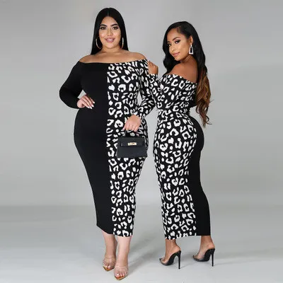 New Fashion Lady Dress One-shoulder Cow Print Pattern Plus Size Long Sleeve Dress 861021