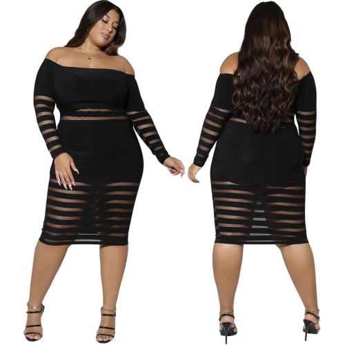 sexy off shoulder see through long sleeves bodycon plus size black mesh dresses women 140819