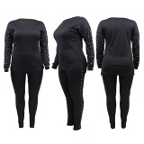 European and American Fashion Bubble Beads Casual Loose One-shoulder Plus Size Women's Two-piece 1395106