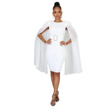 Winter dress 2020 fashion sexy loose elegant  casual solid color Cape long sleeve lady round neck A-line dress 867283
