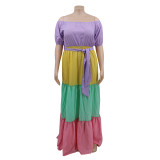 Plus Size Women Clothing Multicolor Splice Off Shoulder Women Dress Women Casual 117586