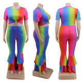 A hot seller of plus-size women's short-sleeved bell-bottoms with a round collar and a rainbow YF126576