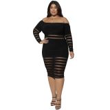sexy off shoulder see through long sleeves bodycon plus size black mesh dresses women 140819