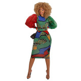 Summer Europe and The United States new lantern sleeve print A-line dress holiday beach dinner club sexy dress 856787