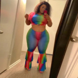 A hot seller of plus-size women's short-sleeved bell-bottoms with a round collar and a rainbow YF126576