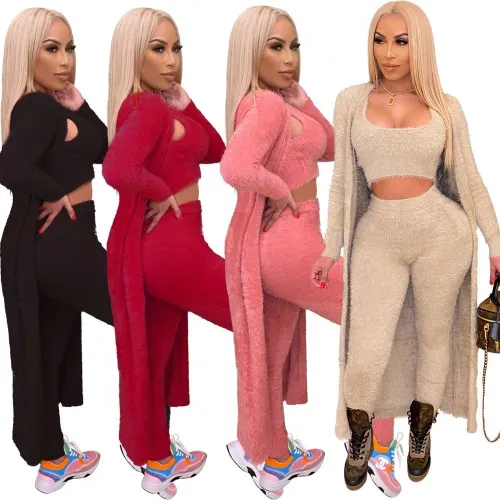 Jnh Women Custom Ladies Fur Long Cardigans Coats Tracksuits Girls' Winter Warm 2 Piece Pant Joggers Two Sets Clothing 883041