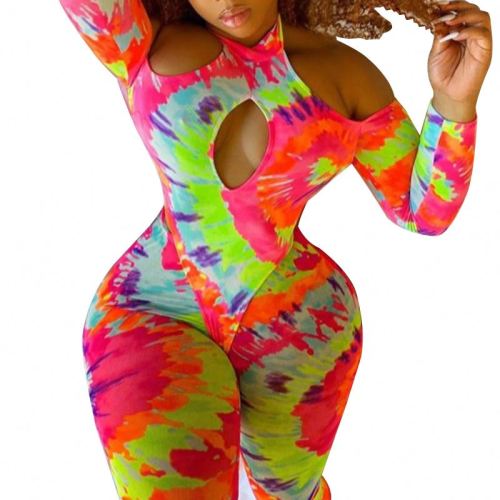 Low price tie-dye printed hollow tight-fitting one-piece plus size pants 115465