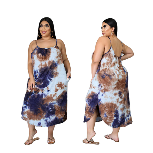 Summer Shoulder Straps Women Maxi Casual Tie Dye Dress Plus Dize Women Colourful Plus Size Women Clothing YF114758