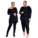 European and American Fashion Bubble Beads Casual Loose One-shoulder Plus Size Women's Two-piece 1395106