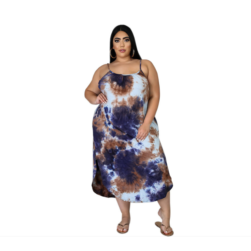 Summer Shoulder Straps Women Maxi Casual Tie Dye Dress Plus Dize Women Colourful Plus Size Women Clothing YF114758