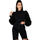 Black Loungewear Long Fur Sleeve High Neck Fit Winter Blouses For Women 877283
