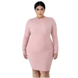 New Design Fall Round Neck Long Sleeve Pearl Women Sexy Club Plus Size Dresses YF100819