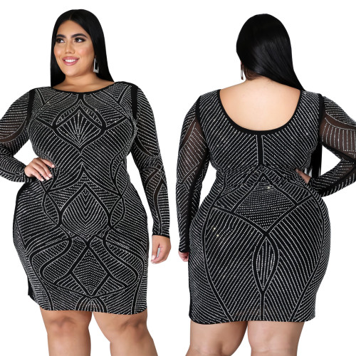 plus size xl-5xl autumn winter sexy casual women's Hot selling black polyester mesh hot drill buttock waist dress YF128899