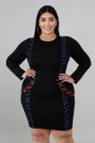 Fashion Black Sweet O Neck Patchwork Long Sleeve Solid Plus Size Bandage Women Mini Dresses   112536
