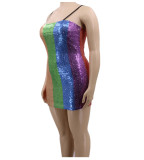 Plus Size Clothing Women Spaghetti Strap Sequin Reflective Dress Multi Color Stripe Dress  YF100314